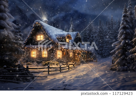 village street in winter season decorated for Christmas or New Year holiday, beautiful view of exteriors of houses , snow, sunset, street lights, festive environment village street in winter season decorated for Christmas or New Year holiday, beautiful view of exteriors of houses , snow, sunset, street lights, festive environment 117129423