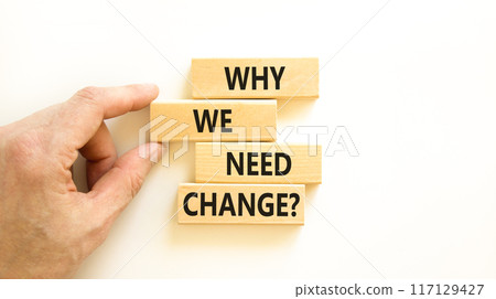 Why we need change symbol. Concept words Why we need change on beautiful wooden block. Beautiful white table white background. Voter hand. Business and why we need change concept. Copy space. 117129427