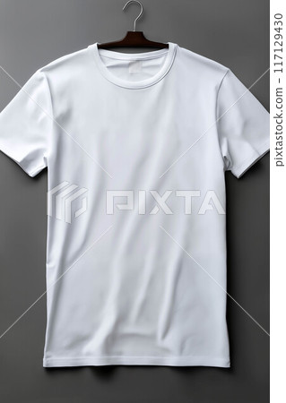 a simple clean white T-shirt as an object on a gray background, as a template for labels and design 117129430