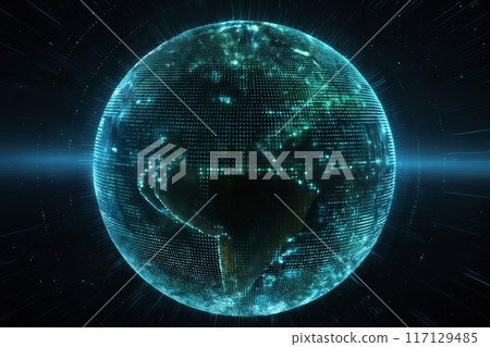 surface of earth planet with futuristic computer technology and mega city, digital connections with hologram and glow against background of space, concept of globalization and urbanization 117129485