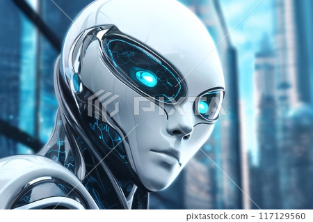 gynoid, a humanoid female android hybrid robot with a female face in a plastic helmet on the background of a futuristic city street, robotics concept gynoid, a humanoid female android hybrid robot with a female face in a plastic helmet on the background of a futuristic city street, robotics concept 117129560