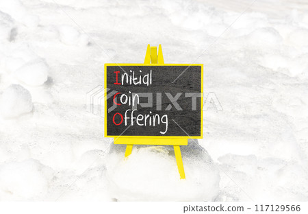 ICO initial coin offering symbol. Concept words ICO initial coin offering on beautiful yellow blackboard. Beautiful white snow background. Business ICO initial coin offering concept. Copy space. ICO initial coin offering symbol. Concept words ICO initial coin offering on beautiful yellow blackboard. Beautiful white snow background. Business ICO initial coin offering concept. Copy space. 117129566