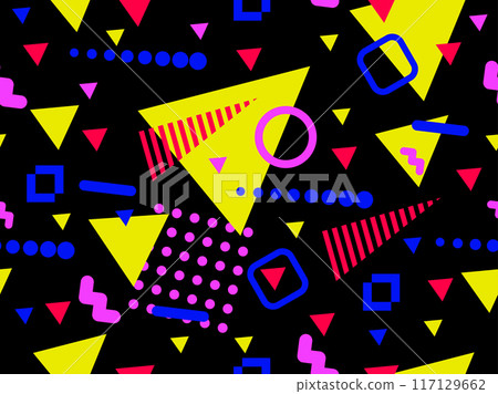 Geometric seamless pattern with memphis elements in 80s style. Colorful geometric pattern. Design of promotional products, wrapping paper and printing Geometric seamless pattern with memphis elements in 80s style. Colorful geometric pattern. Design of promotional products, wrapping paper and printing 117129662