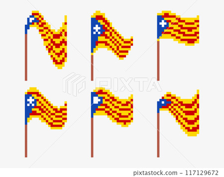 Pixel art set of Catalonia flag icons isolated on white background. Waving flag of Catalonia in 8-bit retro graphic style of 80s. Pixel art style design for banners and posters. Vector illustration Pixel art set of Catalonia flag icons isolated on white background. Waving flag of Catalonia in 8-bit retro graphic style of 80s. Pixel art style design for banners and posters. Vector illustration 117129672