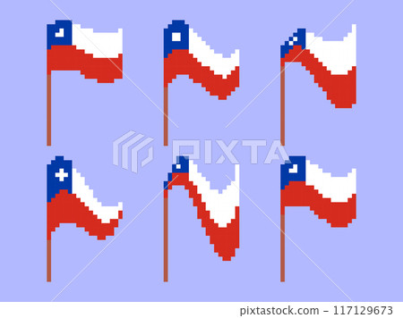 Pixel Chile flag icon set isolated on white background. Waving flag of Chile in 8-bit retro graphics style from the 80s. Design in pixel art style for banners and posters. Vector illustration Pixel Chile flag icon set isolated on white background. Waving flag of Chile in 8-bit retro graphics style from the 80s. Design in pixel art style for banners and posters. Vector illustration 117129673