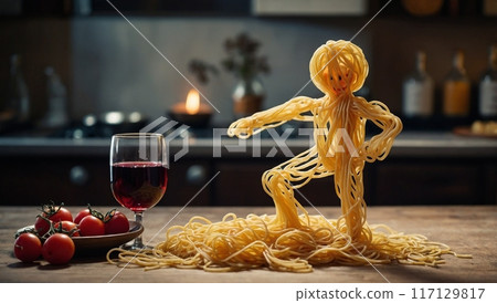 human figure made from spaghetti on the table human figure made from spaghetti on the table 117129817