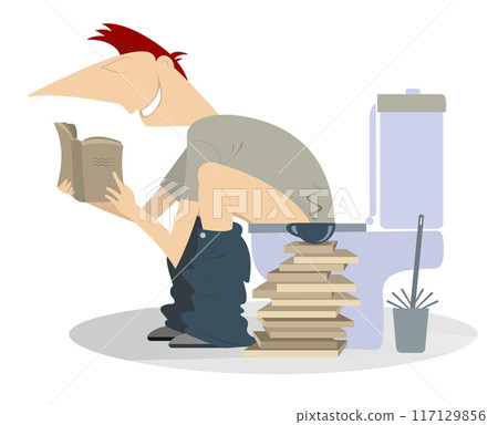 Man in toilet reading a book. Using toilet. A young man using a toilet and reading a book and drinking coffee or tea 117129856