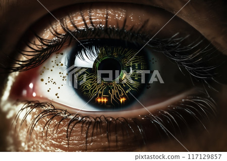 human eye with an implant in the form of a computer digital board, concept of enhanced reality and digital eyesight of the future, information processing, artificial intelligence 117129857