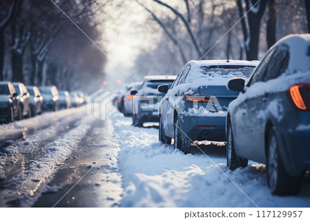 snow covered road in a winter city, traffic jam, concept of traffic safety on a slippery road 117129957
