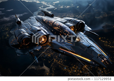 futuristic flying vehicle over the city, aerial view, cityscape, sky at sunset, aerial transportation of future 117129958