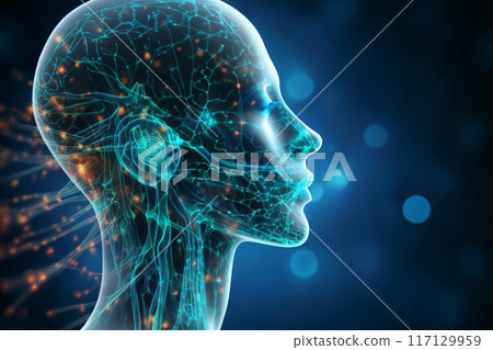 silhouette of a human body with the blood circulatory system and neural connections around head and brain, vegetative system, dark blue background, biotechnology concept 117129959