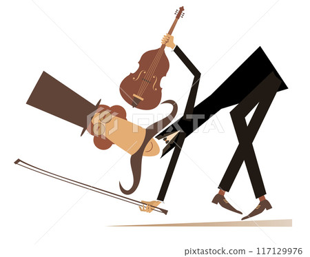 Cartoon long mustache violinist. Cartoon long mustache violinist in the top hat bows low to the public. Isolated on white background Cartoon long mustache violinist. Cartoon long mustache violinist in the top hat bows low to the public. Isolated on white background 117129976