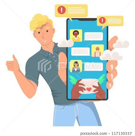 Man user advertising smartphone trendy messenger Man user advertising smartphone trendy messenger 117130337