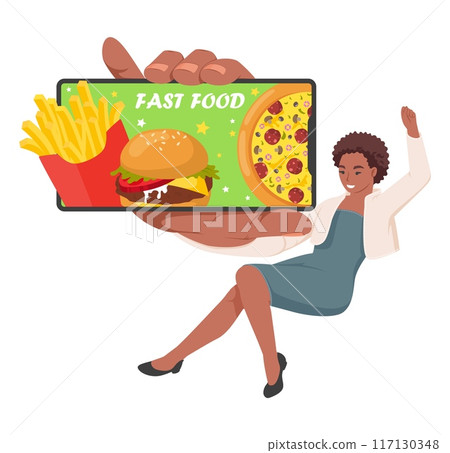 Happy woman customer advertising fastfood order mobile service Happy woman customer advertising fastfood order mobile service 117130348