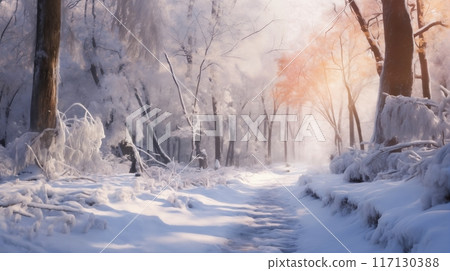 beautiful winter landscape, a trail in a snow covered forest, tree branches with hoarfrost, bright sunlight and beautiful nature 117130388