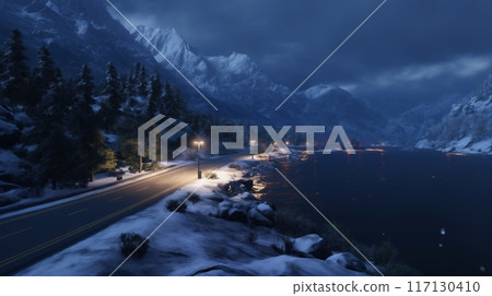 beautiful winter landscape, the road along the mountains and the lake at night beautiful winter landscape, the road along the mountains and the lake at night 117130410