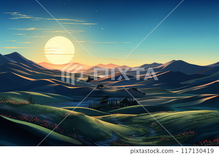 Beautiful, perfect landscape during sunset in valley. Green grass and wildflowers on hills. Large, bright sun creates shadows on ground. 117130419