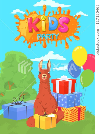Kids party poster with lama alpaca sitting with gift boxes 117130465