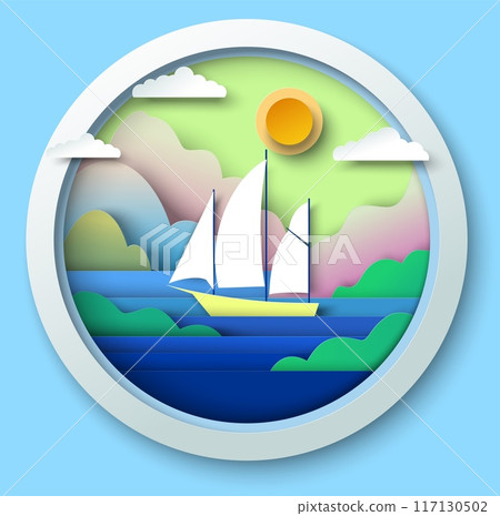 Yacht cruise at tropic resort papercut background template Yacht cruise at tropic resort papercut background template 117130502