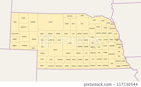 Nebraska, U.S. state, subdivided into 93 counties, political map with borders and county names. Triply landlocked state in the Midwestern region of United States, nicknamed The Cornhusker State. 117130544