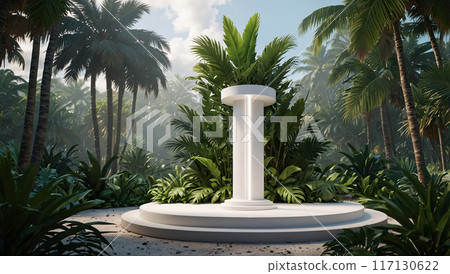 White cylindrical podium in a lush tropical setting. 117130622