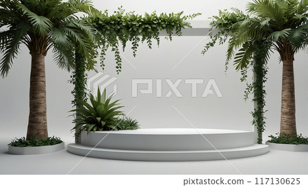 White podium adorned with tropical vines and palm trees. 117130625
