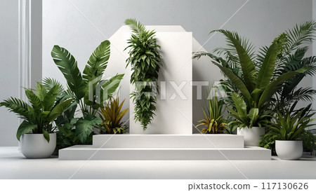 White geometric podium with lush tropical plants and a trailing vine. 117130626