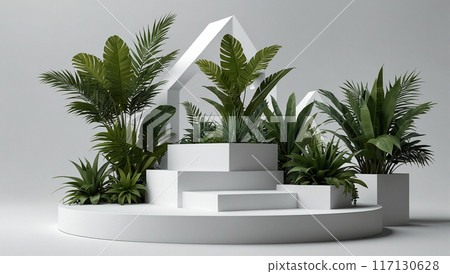 White geometric podium with tropical plants and white background. 117130628