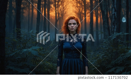 a charming woman with copper hair stands in the heart of a fairy forest 117130702