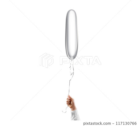 Hand holding blank silver cylindrical balloon mockup, isolated Hand holding blank silver cylindrical balloon mockup, isolated 117130766