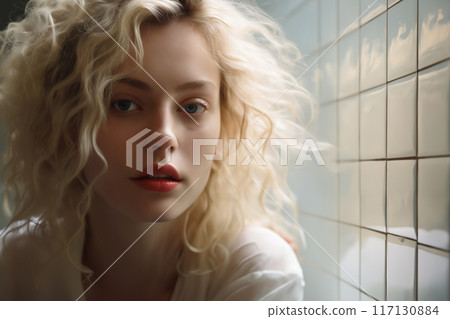 a girl in white bathrobe, in the bathroom 117130884