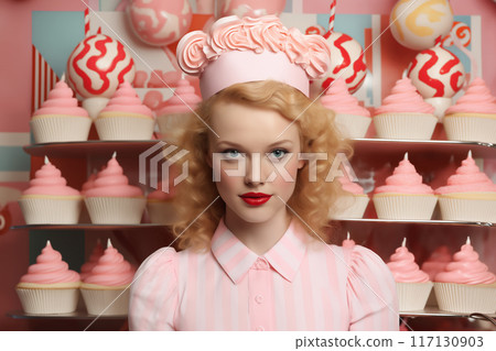 portrait of a beautiful girl, a seller of sweets and cakes in a pastry shop, pink color, concept, style and glamour 117130903