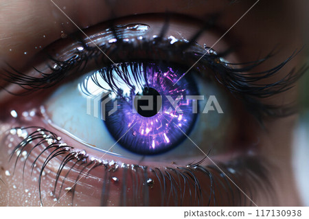 close view of woman's eye with purple decorative art makeup on her face close view of woman's eye with purple decorative art makeup on her face 117130938