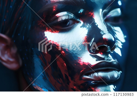 portrait of a woman with decorative and artistic makeup on her face with radiance and gloss 117130983