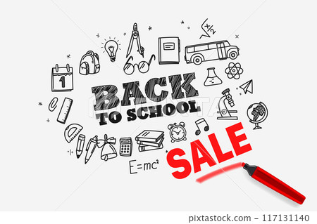 Back to school sale banner. 3d illustration vector concept 117131140
