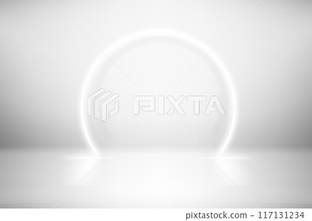 White neon glowing circle arc in bright interior. 3d vector illustration White neon glowing circle arc in bright interior. 3d vector illustration 117131234