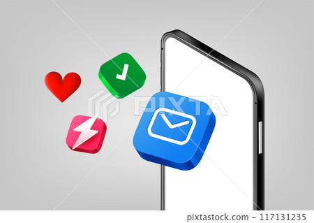 Mobile application icons with modern smartphone. 3d vector illuistration 117131235