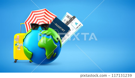 Summer vacation concept with the Earth and travel elements. 3d vector banner with copy space Summer vacation concept with the Earth and travel elements. 3d vector banner with copy space 117131239