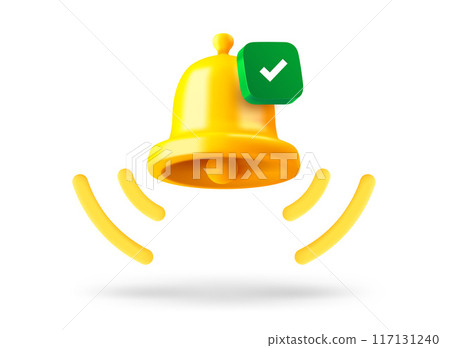 Ringing bell with checkmark icon. 3d vector object isolated on white background Ringing bell with checkmark icon. 3d vector object isolated on white background 117131240