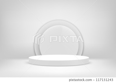 Bright white interior scene with round pedestal 117131243