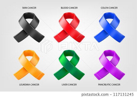 Cancer awareness symbols set. 3d vector color ribbons isolated on white background Cancer awareness symbols set. 3d vector color ribbons isolated on white background 117131245