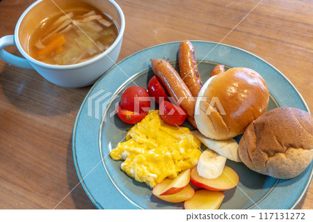 A delicious-looking breakfast of bread and soup A delicious-looking breakfast of bread and soup 117131272