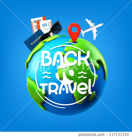 Back to travel concept. 3d vector banner with lettering inscription Back to travel concept. 3d vector banner with lettering inscription 117131350