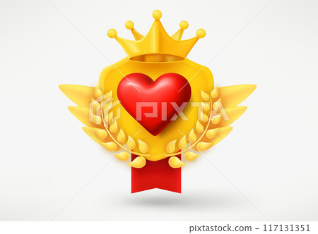 Golden emblem with red heart and wreath. Game achievement 3d badge isolated on white background Golden emblem with red heart and wreath. Game achievement 3d badge isolated on white background 117131351