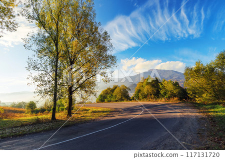 asphalt country road in mountain in autumn. forest on the hill in fall foliage. sunny weather. road trip through countryside of ukraine. foggy morning asphalt country road in mountain in autumn. forest on the hill in fall foliage. sunny weather. road trip through countryside of ukraine. foggy morning 117131720