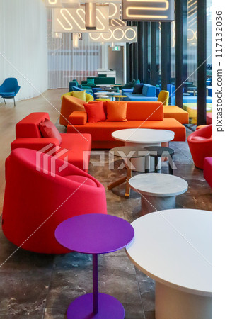 Colorful chairs on the lobby floor of the luxury hotel W Osaka in Osaka Colorful chairs on the lobby floor of the luxury hotel W Osaka in Osaka 117132036