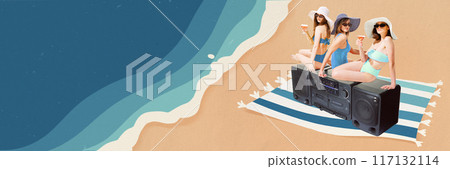 Banner. Contemporary art collage. Friends sitting on vintage radio and enjoying their weekend on coast, drinking tropical cocktails. Banner. Contemporary art collage. Friends sitting on vintage radio and enjoying their weekend on coast, drinking tropical cocktails. 117132114