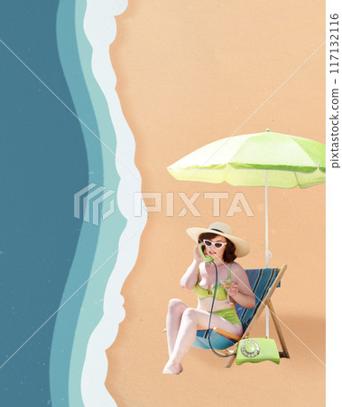 Poster. Contemporary art collage. Charming young woman sitting under umbrella on coast and talking on retro, landline phone. 117132116