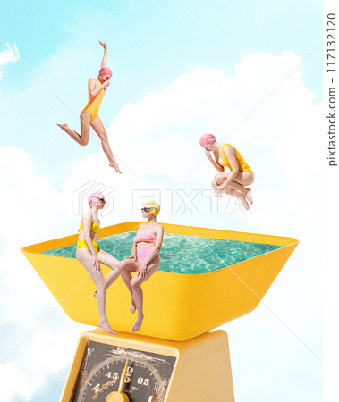 Poster. Contemporary art collage. Women, friends diving, jumping and relaxing having fun on scales as pool with clear blue water. 117132120