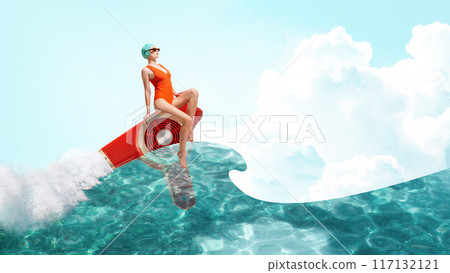 Poster. Contemporary art collage. Woman in swimsuit rides hair dryer like surfboard, gliding over ocean waves against backdrop of clear blue sky. 117132121